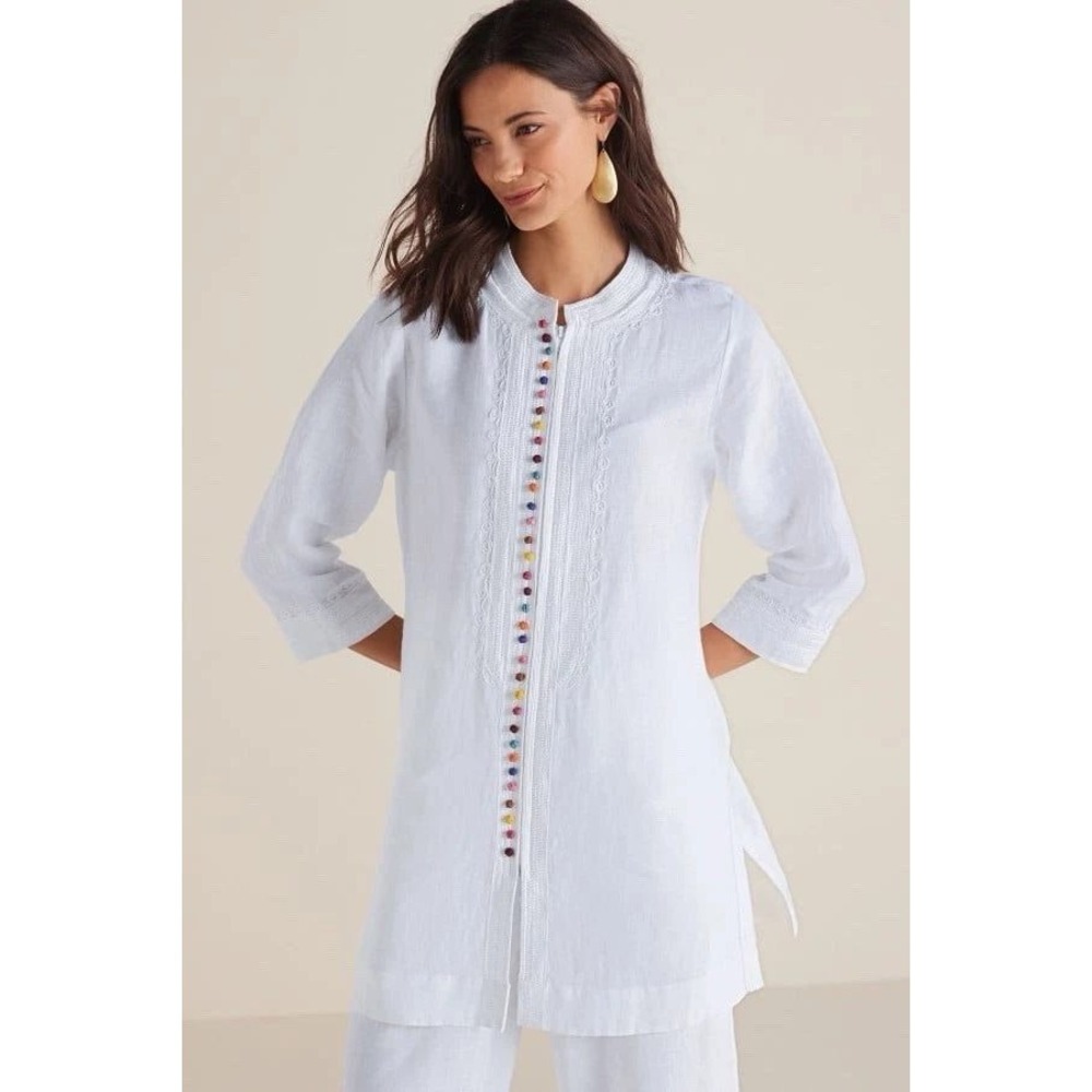 Soft Surroundings‎ Desert Linen Tunic Top Embroidered Full Zip Boho Beach M New